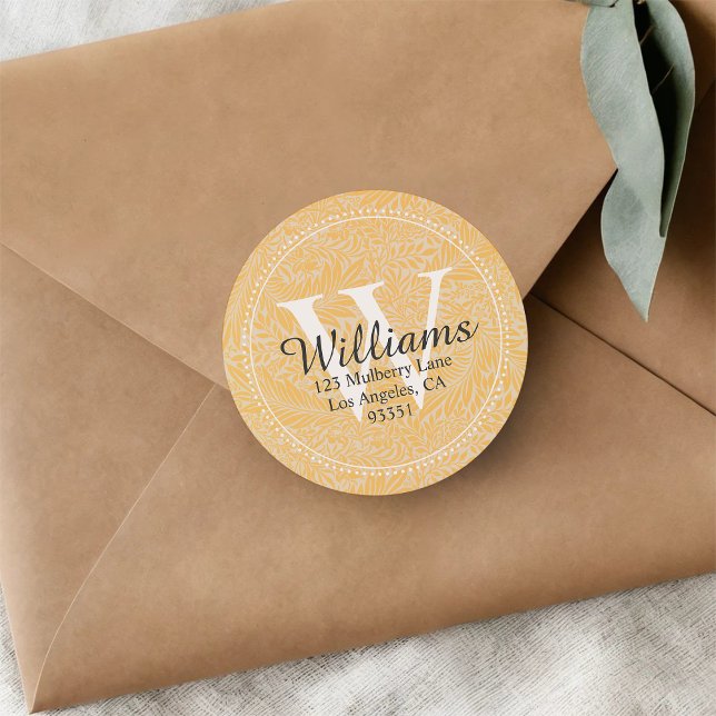 Sticker Rond Adresse de retour personnalisée Monogram Gold Flor (Créateur téléchargé)