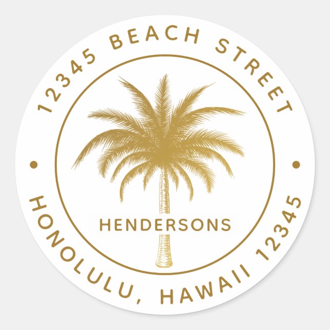 Sticker Rond Adresse de retour Tropical Palm Tree Gold Round (Devant)