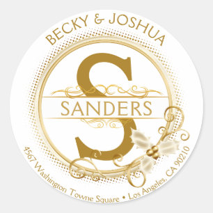 Sticker Rond Adresse fleurie vintage d'initiale de Noël d'or