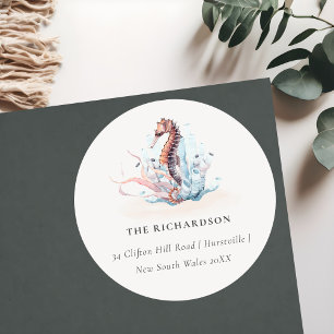 Sticker Rond Adresse hippocampe sous-marin algue corail