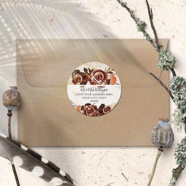 Sticker Rond Adresse monogramme de feuilles d'automne florales  (Créateur téléchargé)