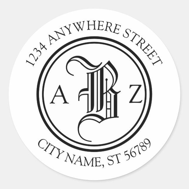 Sticker Rond Adresse ronde du monogramme à lettre noire classiq (Devant)