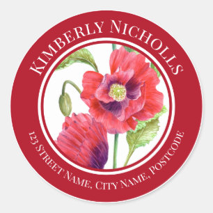 Sticker Rond Adresse Vivid Red Poppies Floral Watercolor Circle
