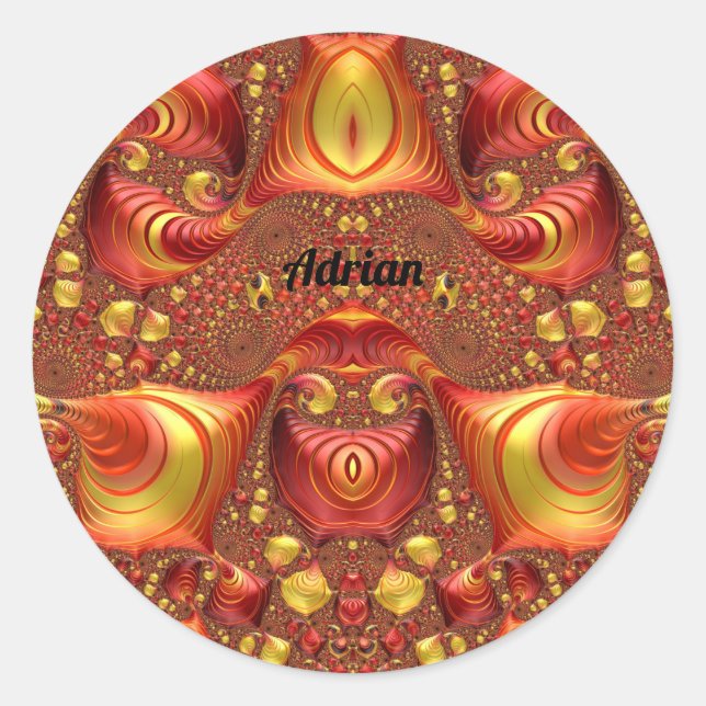 Sticker Rond ADRIAN ~ Rouge Marron Jaune Design Fractal ~  (Devant)