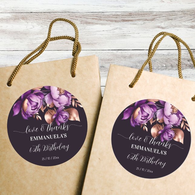 Sticker Rond Adultes fête d'anniversaire violet faveur merci (Adults Birthday party purple favor thank you Stickers rose gold purple flowers favor stickers)