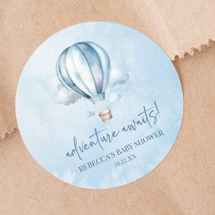 Sticker Rond Adventure Attend ! Baby shower Blue Hot Air Balloo