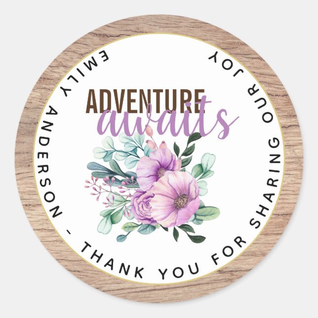 Sticker Rond Adventure Attend le Baby shower de fleurs violette (Devant)