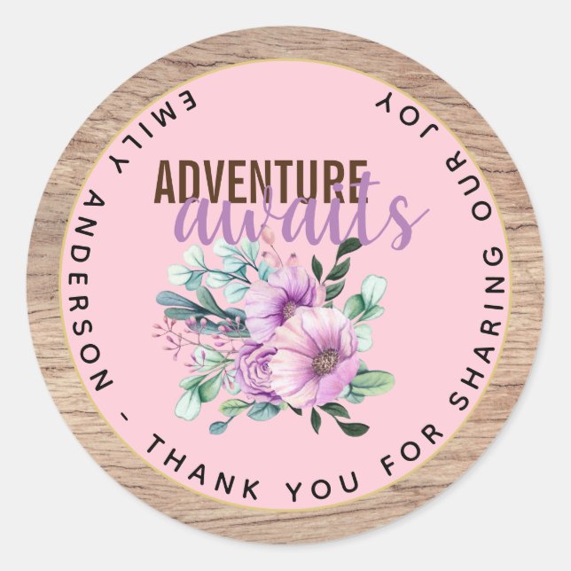 Sticker Rond Adventure Attend le Baby shower de fleurs violette (Devant)