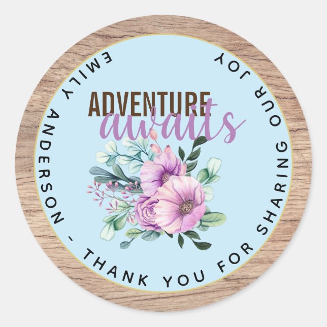 Sticker Rond Adventure Attend le Baby shower de fleurs violette (Devant)