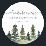 Sticker Rond Adventure Attend le Baby shower des bois<br><div class="desc">Ajoutez une touche finale à votre baby shower boisé avec ces autocollants personnalisés,  avec des pins d'aquarelle et une typographie grise chaude.</div>