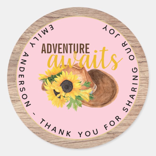 Sticker Rond Adventure Attend le Baby shower rustique des tourn (Devant)