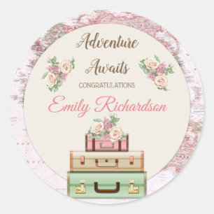 Sticker Rond Adventure Await World Travel Map Pink Floral