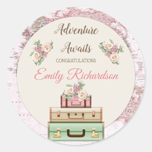 Sticker Rond Adventure Await World Travel Map Pink Floral (Devant)