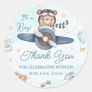 Sticker Rond Adventure Cute Bear Blue Plane Baby shower garçon