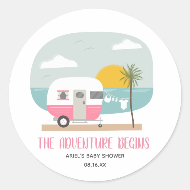 Sticker Rond Adventure Pink Camper Beach Baby shower fille (Devant)
