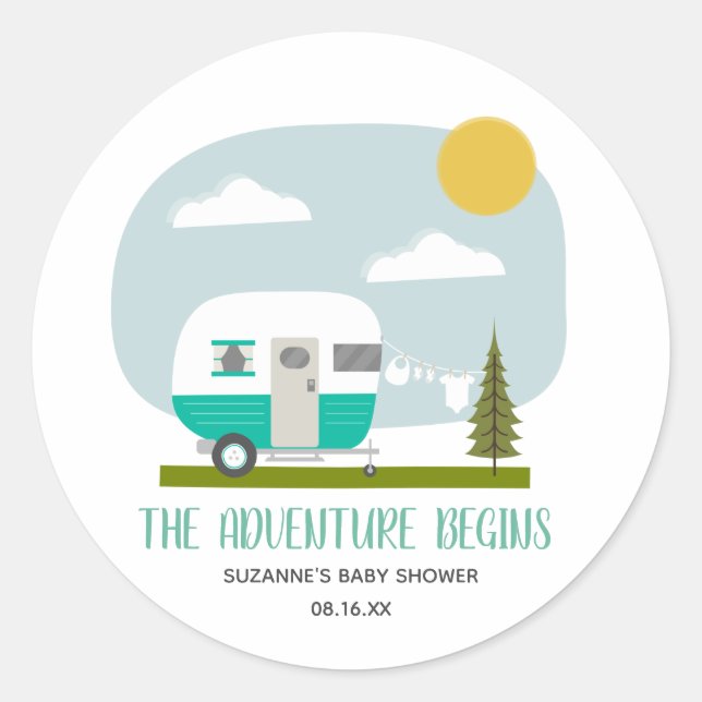 Sticker Rond Adventure Turquoise Camper Clothesline Baby shower (Devant)
