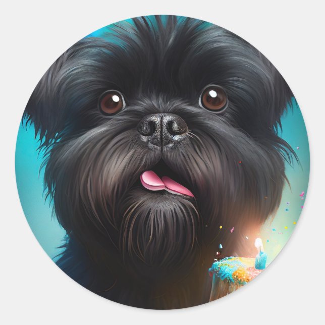 Sticker Rond Affenpinscher célébrant gâteau de ballons d'annive (Devant)