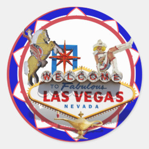 Sticker Rond Affiche de bienvenue Las Vegas Red & Blue Poker Ch