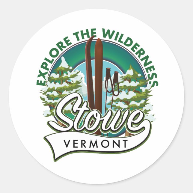 Sticker Rond Affiche de ski Stowe Vermont , Explore the Wildern (Devant)