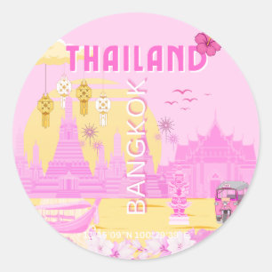 Sticker Rond Affiche de voyage à Bangkok Thaïlande Art rétro