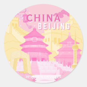 Sticker Rond Affiche de voyage à Pékin Chine   Art rose et jaun