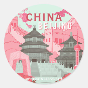 Sticker Rond Affiche de voyage à Pékin Chine   Art vert menthe,