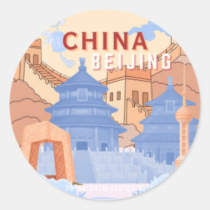 Sticker Rond Affiche de voyage à Pékin Chine   Bleu pastel et p