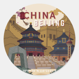 Sticker Rond Affiche de voyage Pékin Chine Illustration vinta