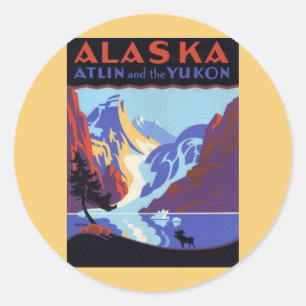 Sticker Rond Affiche de voyage vintage de l'Alaska, Atlin et le
