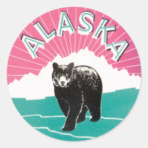 Sticker Rond Affiche de voyage vintage, ours noir d'Alaska dans