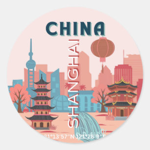 Sticker Rond Affiche rétro vintage de voyage à Shanghai Chine