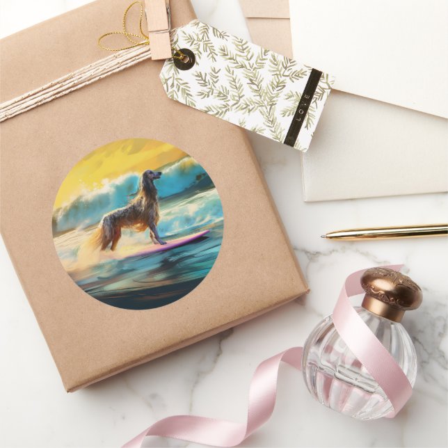 Sticker Rond Afghan Hound Beach Surf Peinture (Cadeaux)