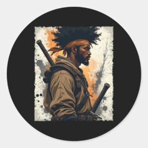 Sticker Rond Africain Samurai Afro Américain Bushido guerrier K