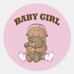 Sticker Rond African American Baby Girl and Bear