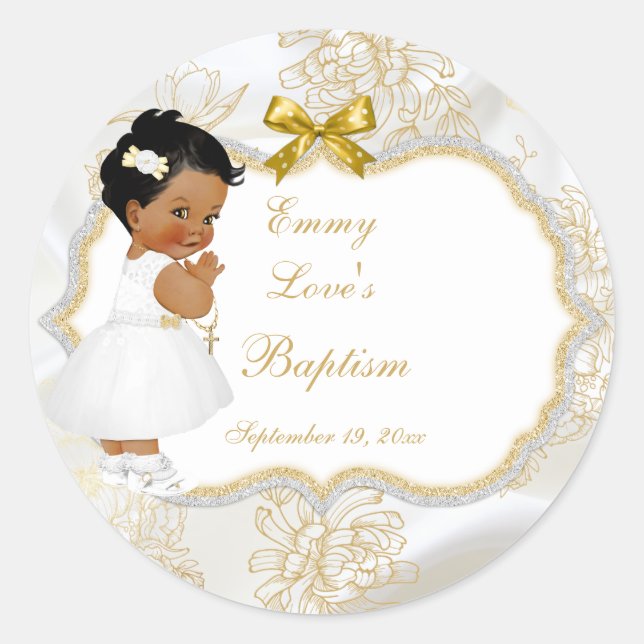 Sticker Rond African American Baby Girl Baptism Gold Cross (Devant)