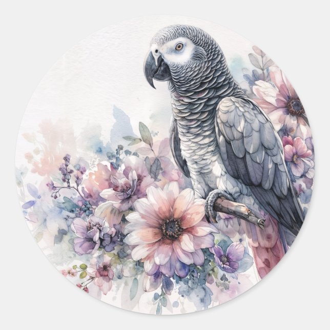 Sticker Rond African Grey Parrot Fleur sauvage Portrait Art (Devant)