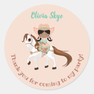 Sticker Rond Afro-Américaine Cowgirl sur Horse Girl Anniversair