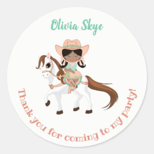 Sticker Rond Afro-Américaine Cowgirl sur Horse Girl Anniversair