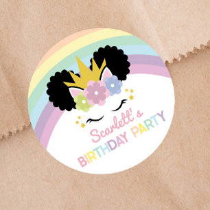 Sticker Rond Afro Puff Unicorn Rainbows fête d'anniversaire Fav