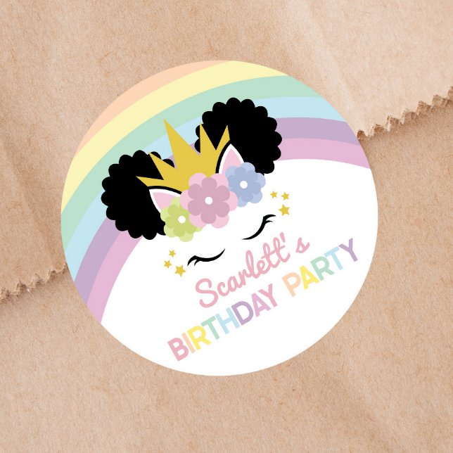 Sticker Rond Afro Puff Unicorn Rainbows fête d'anniversaire Fav (Créateur téléchargé)