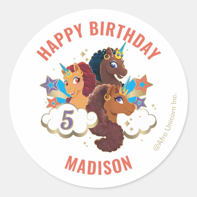 Sticker Rond Afro Unicorn | Filles magiques Anniversaire (Devant)