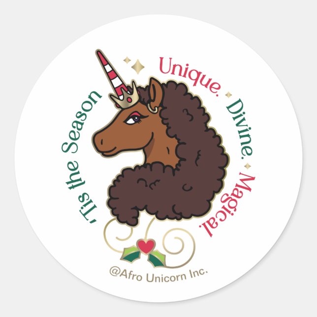 Sticker Rond Afro Unicorn 'Tis Season Holiday Unicorn (Devant)