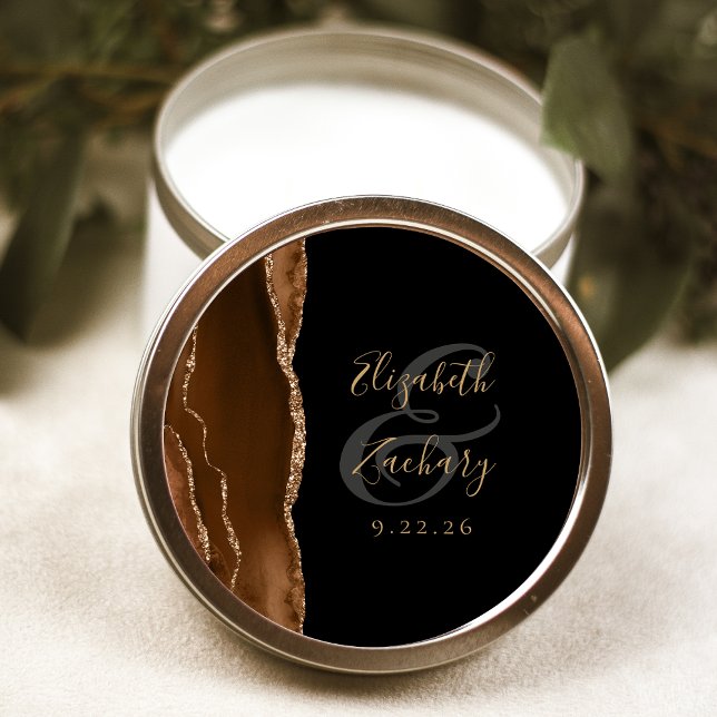 Sticker Rond Agate Géode Écriture Café Brun Or Noir Mariage (Créateur téléchargé)