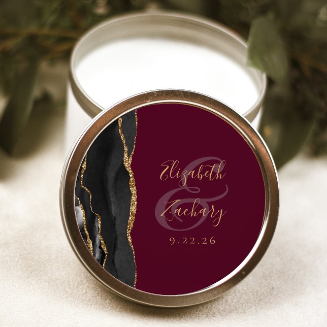 Sticker Rond Agate Géode Script Black Gold Burgundy Mariage (Créateur téléchargé)