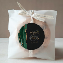 Sticker Rond Agate Geode Script Emerald Green Gold Dark Mariage