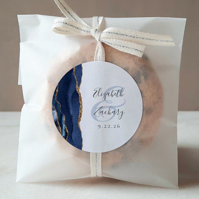 Sticker Rond Agate Geode Script Marine Blue Gold Mariage (Créateur téléchargé)