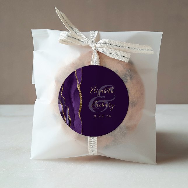 Sticker Rond Agate Geode Script Purple Gold Plum Mariage (Créateur téléchargé)