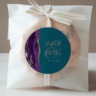 Sticker Rond Agate Geode Script Purple Gold Turquoise Mariage