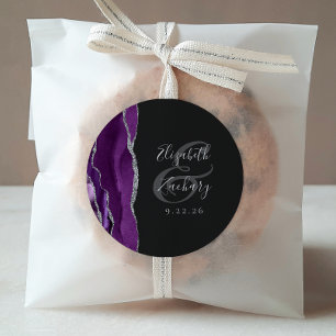 Sticker Rond Agate Geode Script Purple Silver Dark Mariage