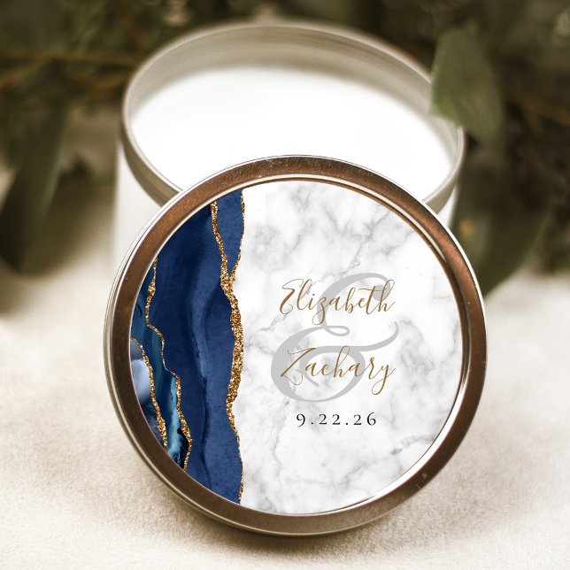 Sticker Rond Agate Marine Blue Gold Script Mariage en marbre (Créateur téléchargé)